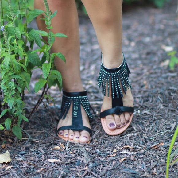 Black Fringe Gladiator Sandal - Picture 1 of 2